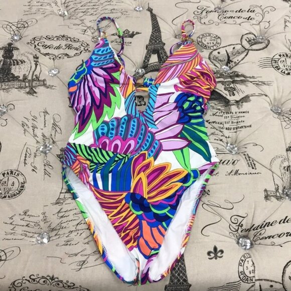 Trina Turk Paradise Plume Buckle Plunge Swimsuit - Picture 4 of 8